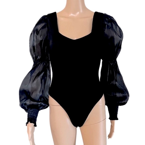 NWOT Mitttoshop Puffed Sheer Sleeve Bodysuit in Black Size Small - Picture 4 of 5